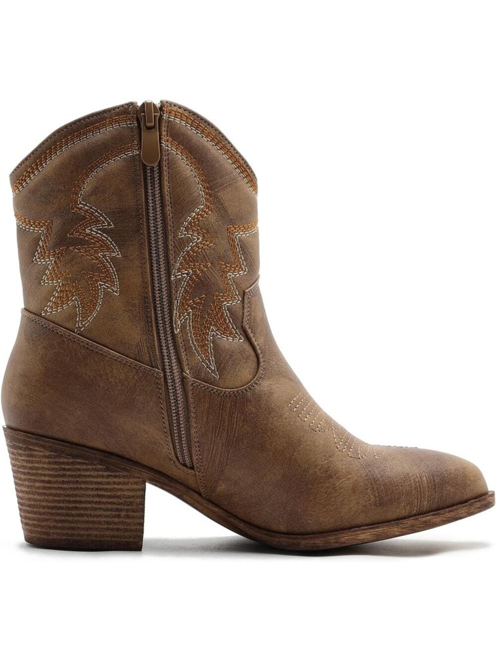 Women’s Camel Cowgirl Boots Ankle Brown Cowboy Boots With Embroidered Stitching - Picture 4 of 6